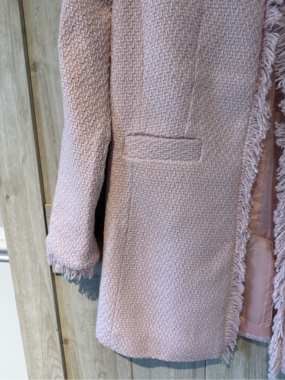 VENUS Blush Pink Tweed Fringe-Trim Long Blazer Perfect for Fall - Picture 5 of 11